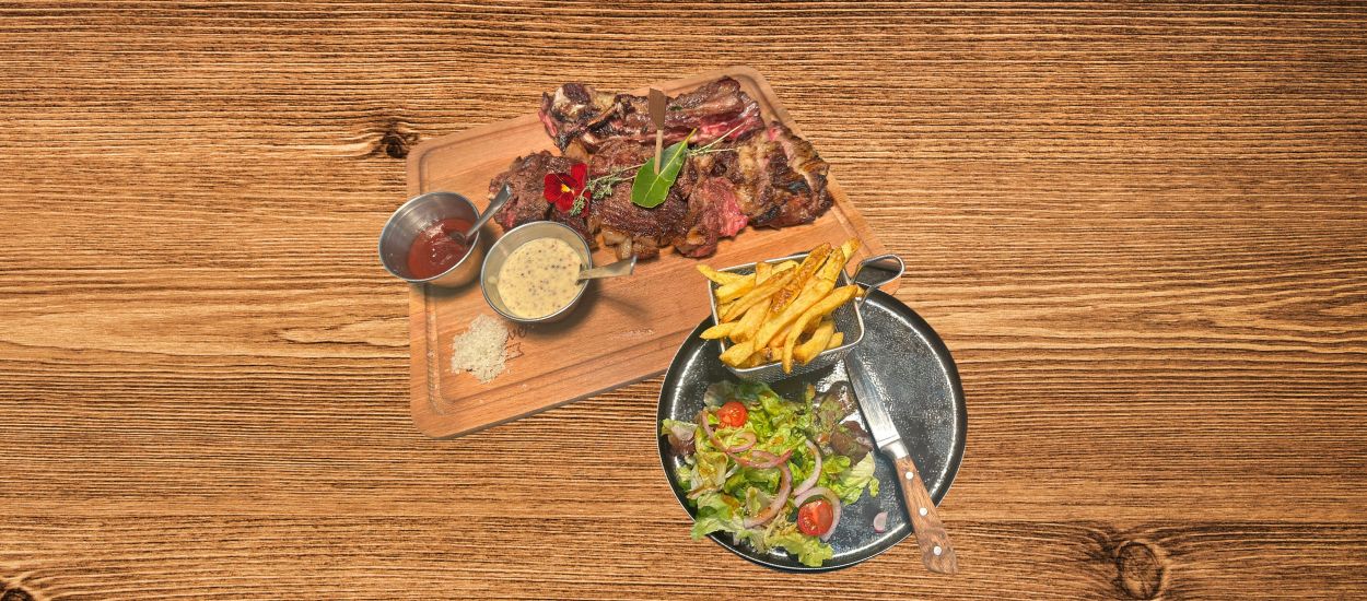 Origine Irlande, 400g.
Grillée au feu de bois,1 accompagnement et 1 sauce au choix.